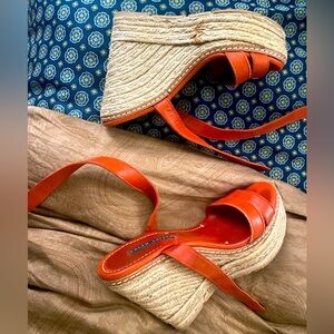 Red Orange Ralph Lauren Ankle Wrap Espadrille Wedge